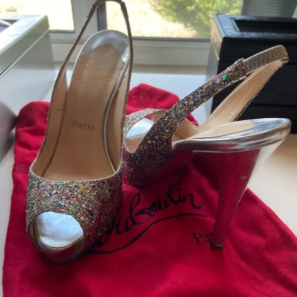 Christian Louboutin No Prive Glitter Silver Multicolor Heels 37 - Picture 3 of 4